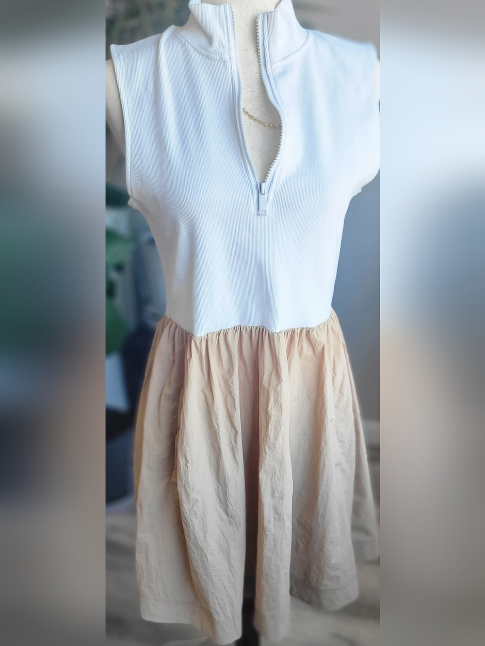 Steve Madden Ivory Taupe Mixed Media Dress Size L NWT Zip Front Pockets